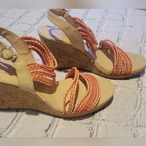 BCBG Paris Loran Orange/Tan Wedge Sandals Sz 9.5 B